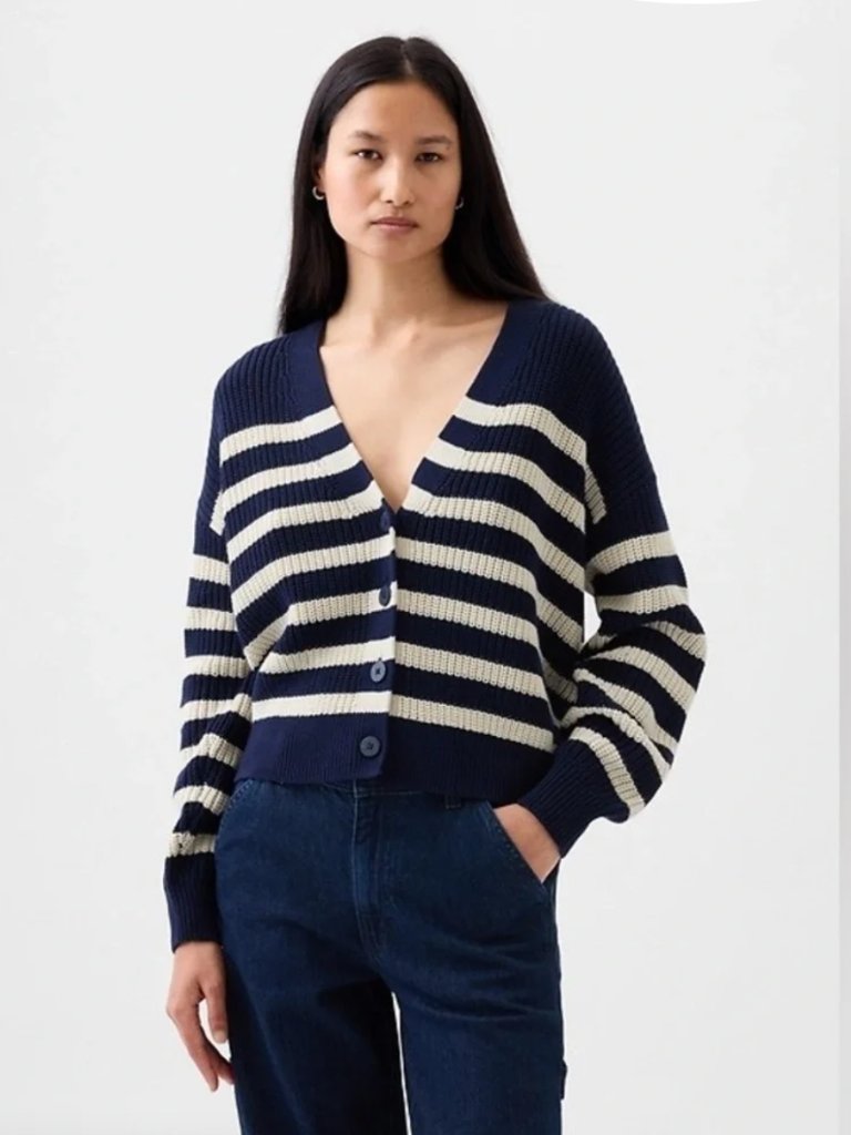 Gap Shaker Stitch Classic Cotton Navy And White Striped Cardigan Size Large